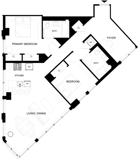 Floor plan for 2 beds, 2 baths, 1118 sqft